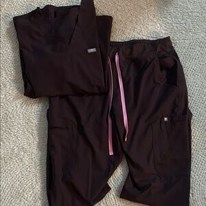 Figs Women's Scrub Set in Deep Plum with Pink Drawstrings